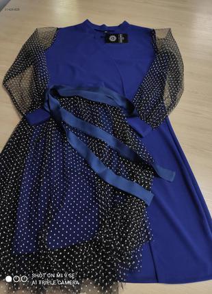 Шикарное синее платье  на запах +юбка2 фото