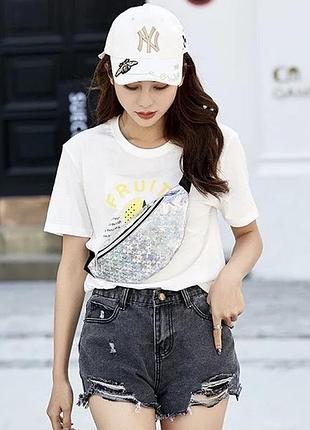 Женская голографическая блестящая детская бананка "блеск2" поясная сумка серебряная