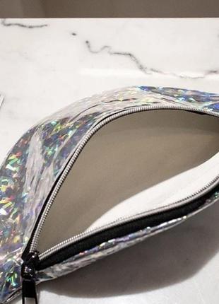 Женская голографическая блестящая детская бананка "блеск2" поясная сумка серебряная