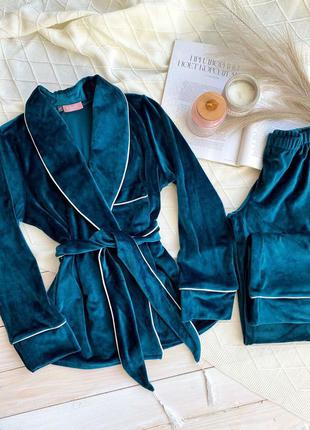 Велюровий комплект "шаль" для дому, піжама, пижама, домашний костюм кимоно/халат и брюки3 фото