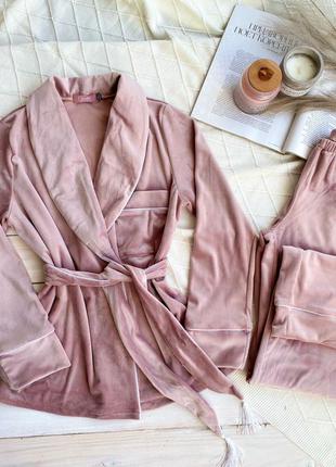 Велюровий комплект "шаль" для дому, піжама, пижама, домашний костюм кимоно/халат и брюки4 фото