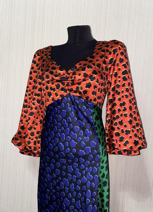 Шикарное платье миди сатиновое атласное леопардовый принт объемные рукава6 фото