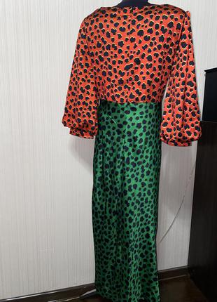 Шикарное платье миди сатиновое атласное леопардовый принт объемные рукава7 фото