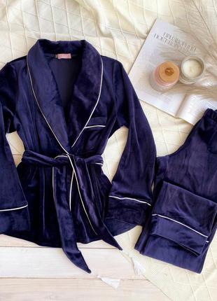 Велюровий комплект "шаль" для дому, піжама, пижама, домашний костюм кимоно/халат и брюки