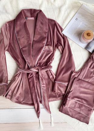 Велюровий комплект "шаль" для дому, піжама, пижама, домашний костюм кимоно/халат и брюки