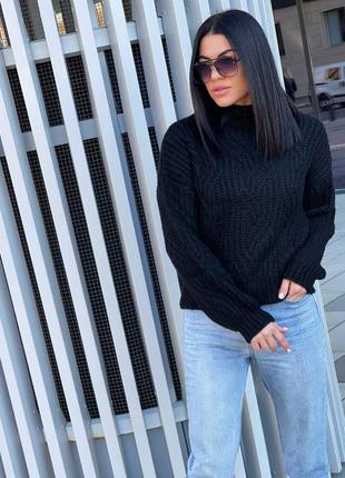 Женский теплый свитер черный однотонный вязаные модный трендовый стильный2 фото