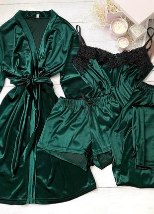 Зваблива велюрова смарагдова піжама двійка, трійка, четвірка, халат+шорти+штани+футболка/велюрова смарагдова піжама