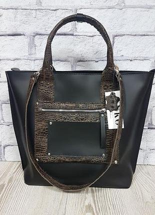 Деловая женская сумка из натуральной кожи, черная/рептилия 1635
