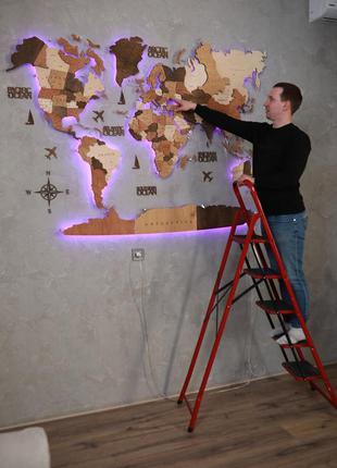 Декоративная карта мира с led подсветкой на акриловой основе из дерева многослойная 200х120 см
