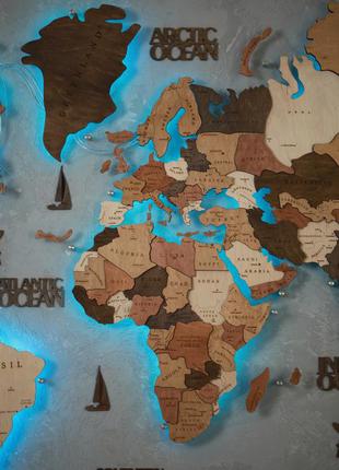 Дерев'яна карта світу з led підсвічуванням 150х90 см на стіну craftboxua