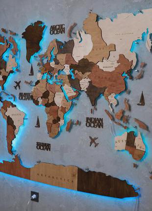 Дерев'яна карта світу craftboxua з led підсвічуванням 200х120 см на стіну2 фото