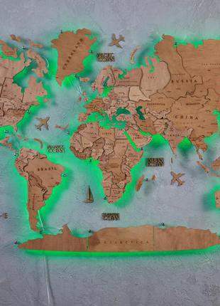 Карта craftboxua з led підсвічуванням (300х175 см) світу на стіну з дерева9 фото