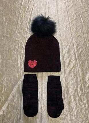 Стильный зимний набор шапка + варежки betsey johnson heart to heart hat gloves two-piece set2 фото