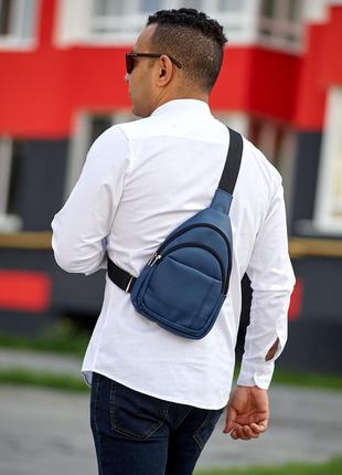 Синяя  трендовая вместительная мужская сумка через плечо слинг3 фото