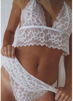 Белый кружевной комплект из топа лифа и трусиков с волнообразными кружевными узорами "арктика" 10861