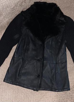 Винтажная кожаная куртка ittierre на меху с шерстяными рукавами (италия)1 фото