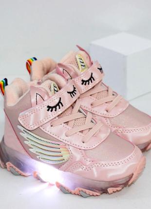 Красиві черевики для дівчаток демісезонні з ліхтариками в рожевому кольорі