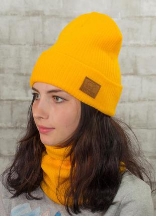 Комплект вязаная шапка со снудом унисекс желтый (25 цветов)2 фото