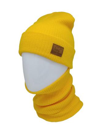 Комплект вязаная шапка со снудом унисекс желтый (25 цветов)6 фото