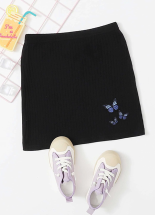 Черная юбка в рубчик shein. юбка с принтом бабочек.черная мини юбка
