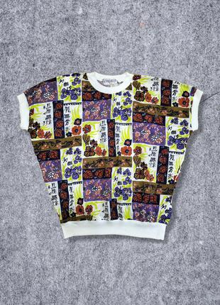 Футболка з трикотажними манжетами блуза гумка в принт квіти ієрогліф вінтажна cheville коттон бавовна