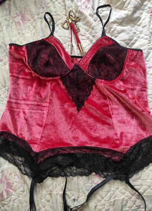 Шикарний бомбезний сексуальний комплект майка оксамит мереживо зі шлейками для панчіх, великий розмір