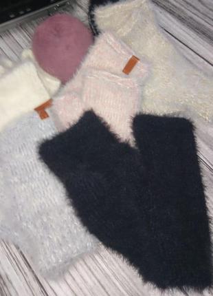 Пушистые зимние митенки - черные женские перчатки без пальцев
