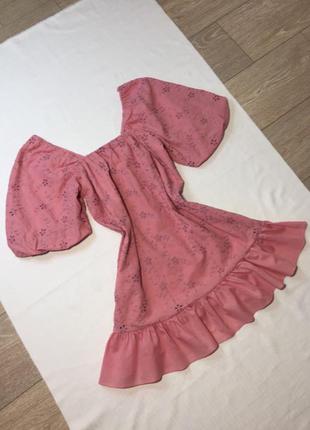 Плаття рожеве міні zara прошва, рюші, рукави-ліхтарики, буфи, об'ємні, пишні1 фото