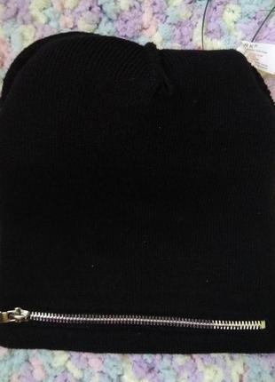Черная трикотажная двойная шапочка primark с отворотом на молнии/шапка с меховым помпоном2 фото