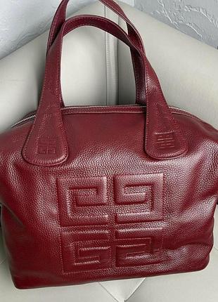 Сумка шкіряна жіноча бордова винна червона з натуральної м'якої зернистої шкіри італія мішок саквояж шопер містка а4 з ланцюжком ділова