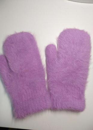 Женские рукавицы варежки перчатки двойные ангора мех сиреневые зима5 фото