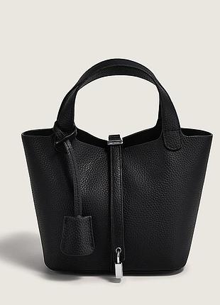 Женская кожаная чёрная сумка с косметичкой