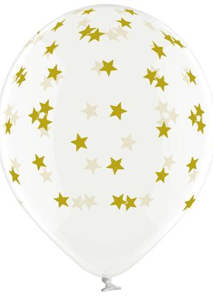 Латексный шар 12"(30 см) прозрачный с рисунком "звезды маленькие золотые"