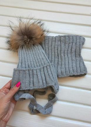 Комплект зимний шапка с натуральным мехом енота и хомут на флисе7 фото