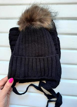 Комплект зимний шапка с натуральным мехом енота и хомут на флисе4 фото