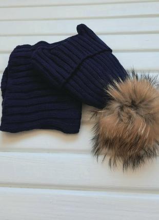 Комплект зимний шапка с натуральным помпоном и хомут на флисе2 фото