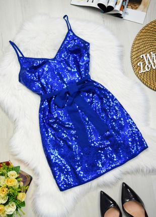 Платье мини синее в паетки под пояс вечернее блестящее1 фото
