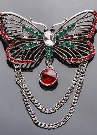 Брошь с цепочкой бабочка зеленые и красные стразы