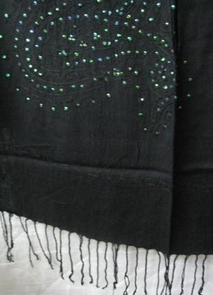 Шарф, шаль, накидка, палантин чорний з смарагдовими паєтками3 фото