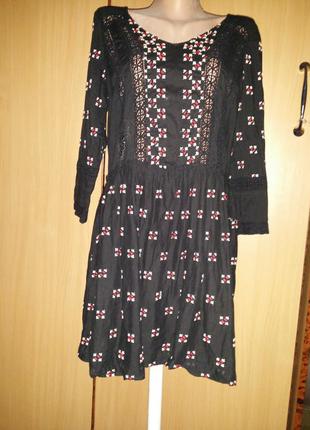 Натуральное легкое ажурное платье мини с прошвой длинный рукав этно стиль staring at stars1 фото