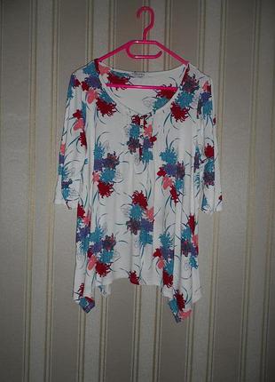 Туніка трикотажна середній/біла з квітами / рукав розмір 48 // 4xl - віскоза