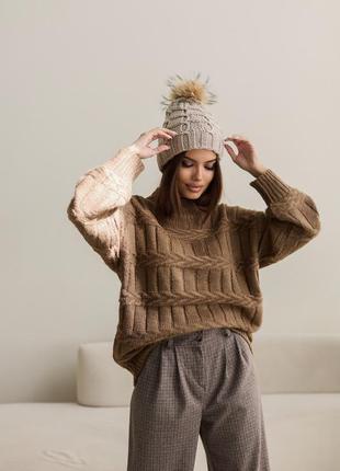 Оверсайз свитер вязаный крупной вязки под горло свободный широкий крой коричневый3 фото