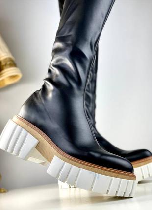 Ботфорти брендові жіночі шкіряні чорні чоботи білій підошві2 фото