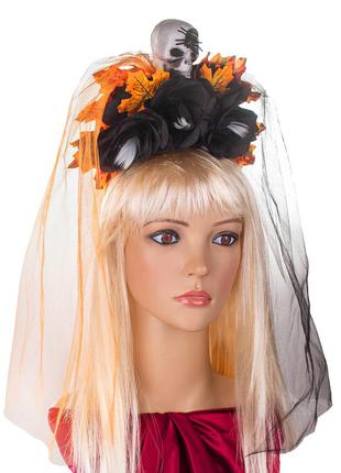 Роскошное украшение на голову хэллоуин цветы череп на ободке с двойной фатой + подарок1 фото
