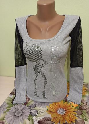 Женский свитер свитерок жіночий с камнями кофточка.
черная часть рукава сетка.