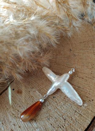 Срібна підвіска, кулон з перлів і сердоліку "чайка"4 фото
