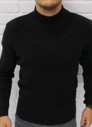 Чорний демісезонний чоловічий гольф, тканина в рубчик, з вовною