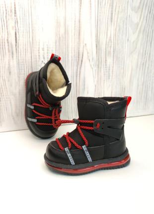 Місяцеходи зимові чоботи для дівчинки і для хлопчика чорні з червоним4 фото