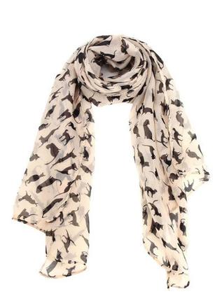 Шарф с котами женский 146 на 47 см бежево-черный
