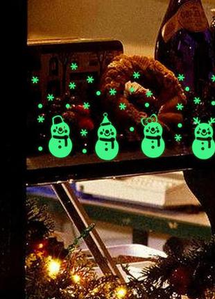 Новогодние наклейки на окна светящиеся "снеговики" - 15*30см (набирают свет и светятся в темноте)1 фото